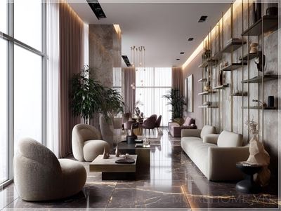 Phòng khách hiện đại sang trọng, trần cao với ánh sáng nền strip, tường đá marble với đèn LED tích hợp,...
