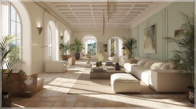 Phòng khách theo phong cách Tân cổ điển Ý, không gian hình chữ nhật rộng 6m x 12m, sàn gạch gốm màu be...
