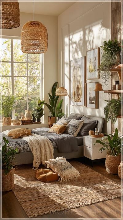 Thiết kế nội thất phòng ngủ với ba bức tranh treo tường phía trên giường, giường bọc nệm màu xám thoải...