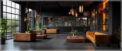 Khu vực lễ tân sang trọng và hiện đại với những chiếc ghế sofa da, bàn cà phê bằng gỗ, tường đen với...