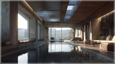 Nội thất spa của khách sạn boutique với khu vực thưởng thức rượu, bảng màu khoáng ấm, ánh sáng tự nhiên,...