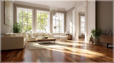 Phòng khách sang trọng đẹp mắt với sàn gỗ, cửa sổ lớn, ánh sáng mặt trời chiếu vào, độ phân giải cực...