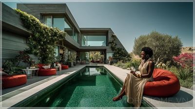 Biệt thự phong cách hậu hiện đại Eclectic, có một hồ bơi trong vườn của biệt thự. Bên cạnh hồ bơi, một...