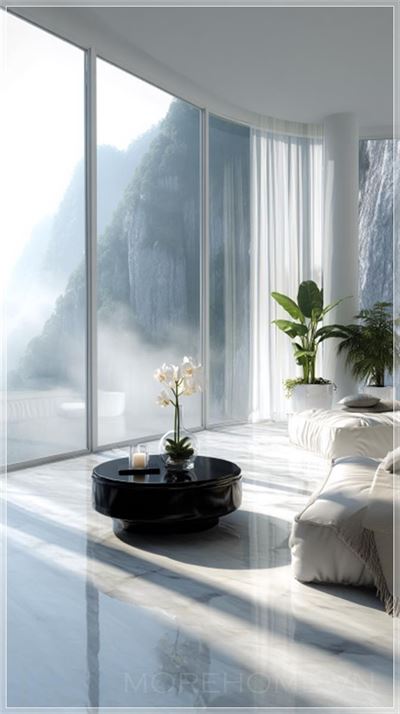 Không gian nội thất hiện đại và sang trọng với tường kính từ sàn đến trần, mở ra cảnh núi mờ ảo tuyệt...