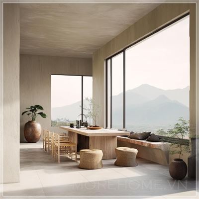 Phòng ăn ngồi theo phong cách wabi sabi chân thực, không có tác phẩm nghệ thuật trên tường. Các vật liệu...