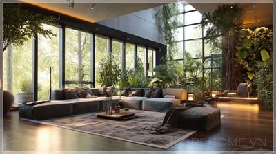 Căn hộ siêu hiện đại đầy cây xanh, phong cách khoa học viễn tưởng, ánh sáng âm trần, cây cối và cây xanh...