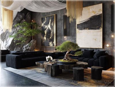 Phòng khách 8 mét x 8 mét với ghế sofa boucle đen hiện đại, sàn đá cẩm thạch đen và vàng, bàn cà phê...