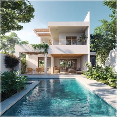 Biệt thự ba tầng, kiến trúc hiện đại, hồ bơi, cây xanh gọn gàng, ngày hè nắng, ảnh thật....