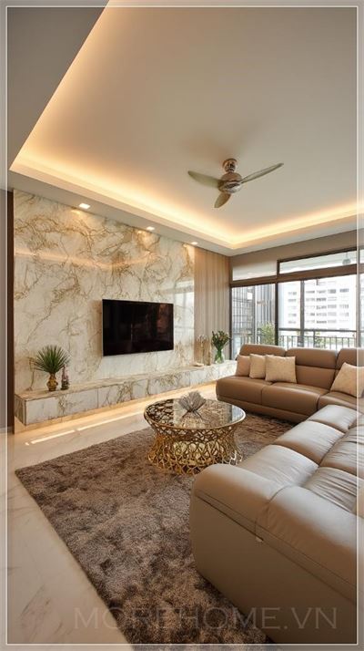 Phòng khách HDB Singapore, nội thất hiện đại sang trọng, tường TV nổi bật bằng đá marble lớn, đèn LED...