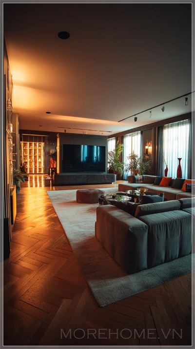 Phòng khách rộng lớn và sang trọng 30x30 mét bên trong một biệt thự bí ẩn, nhìn từ góc quay điện ảnh....