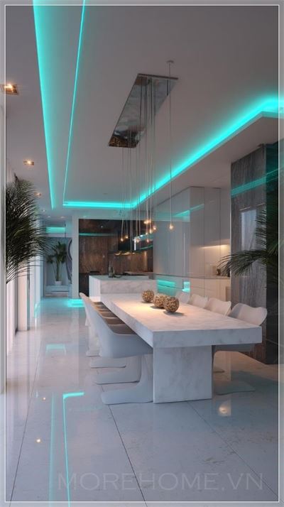 Nội thất phòng ăn penthouse hiện đại, hoàn toàn trắng, với ánh sáng LED màu xanh lam....