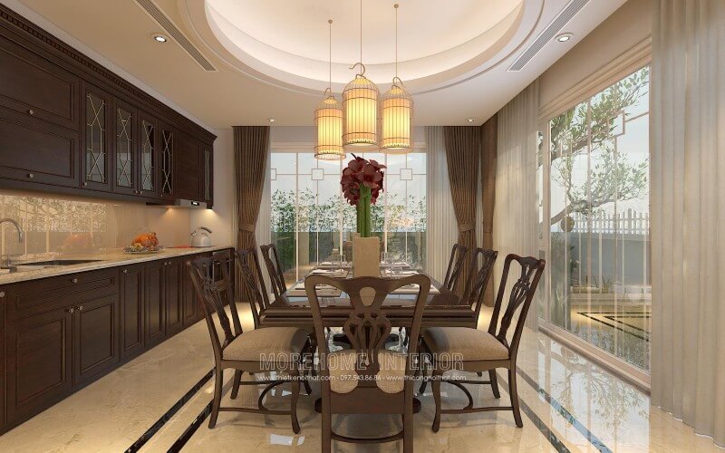 Tủ bếp cao cấp được bố trí liền kề với không gian ăn uống tạo cho gia chủ thuận tiện hơn trong quá trình dùng bữa đầy ấm áp và sang trọng Tủ bếp đẹp, sang trọng và đẳng cấp