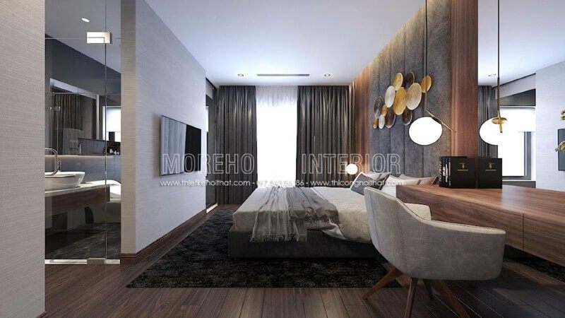 Thiết kế nội thất phòng ngủ khép kín hiện đại liền phòng vệ sinh độc đáo với ý tưởng thiết kế mở khi sử dụng cửa kính trắng cường lực.