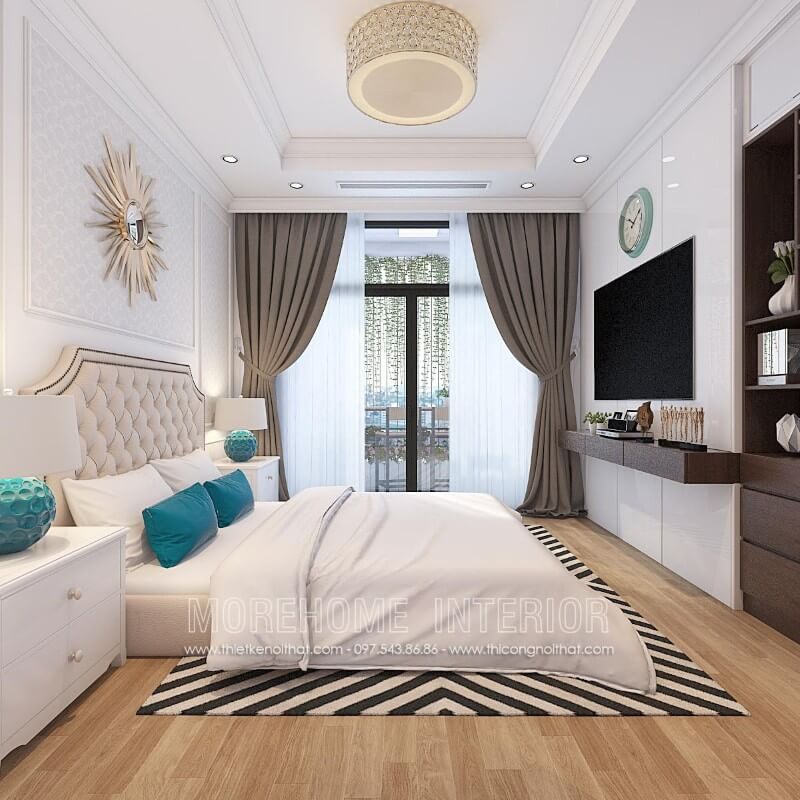 Trang trí phòng ngủ chung cư và ấn tượng với điểm nhấn giường ngủ gỗ bóc da bọc da phong cách tân cổ điển nhẹ nhàng
