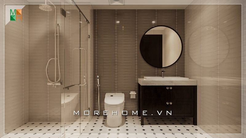 Phòng tắm hiện đại sử dụng gương treo tròn có viền gỗ nâu cùng với màu của tủ gỗ đựng đồ tạo nên sự thống nhất cho căn phòng.