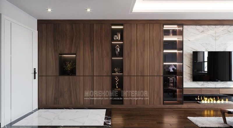 Hệ tủ trang trí phòng khách hiện đại được thiết kế bằng gỗ óc chó sang chảnh.