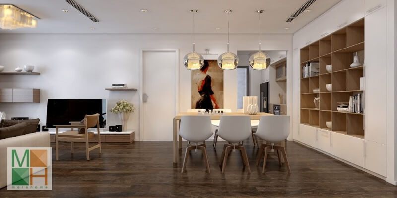 Thiết kế phòng ăn đẹp nối liền với phòng khách không có vách ngăn mang đến một không gian tiện nghi và gần gũi.