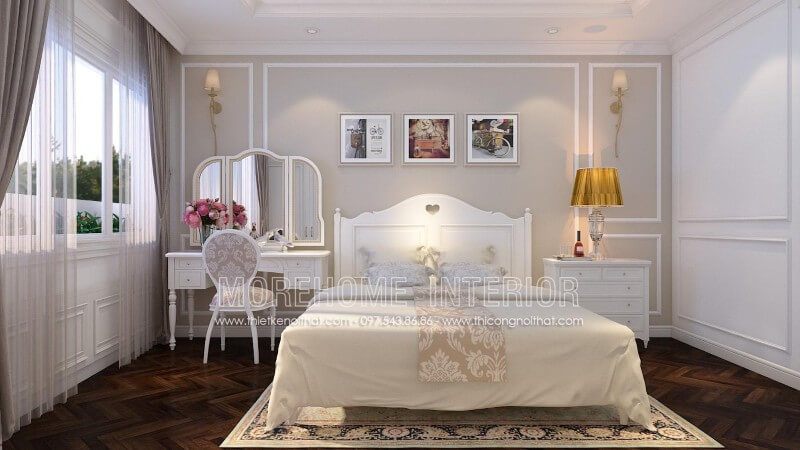 Mẫu giường ngủ vợ chồng giá rẻ phong cách tân cổ điển sang trọng, nhấn mạnh vào từng đường cong từ đầu giường tới thân giường... tạo nên tổng thể sang trọng và hoàn mỹ