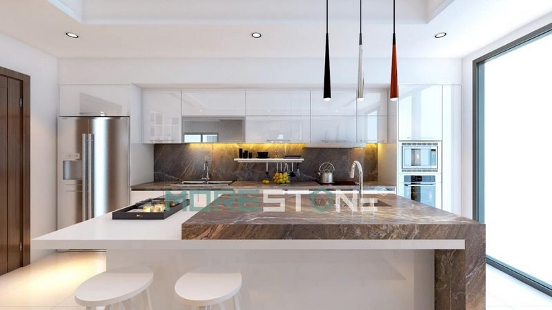 Xu hướng mới gia chủ sử dụng đồng bộ mặt bếp và tường bếp bằng ốp đá để tăng tính thẩm mỹ, hợp vệ sinh trong thiết kế bếp