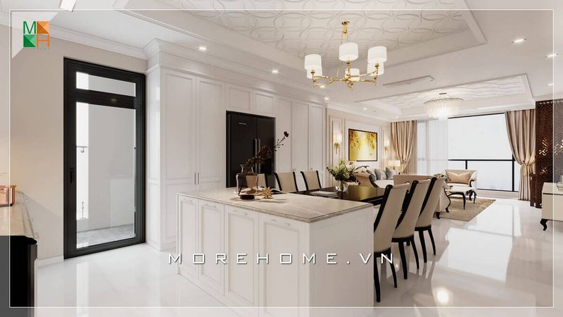 Mẫu đảo bếp tân cổ điển mặt ốp đá cao cấp sang trọng, phù hợp cho không gian thiết kế chung của ngôi nhà mang phong cách tân cổ điển.