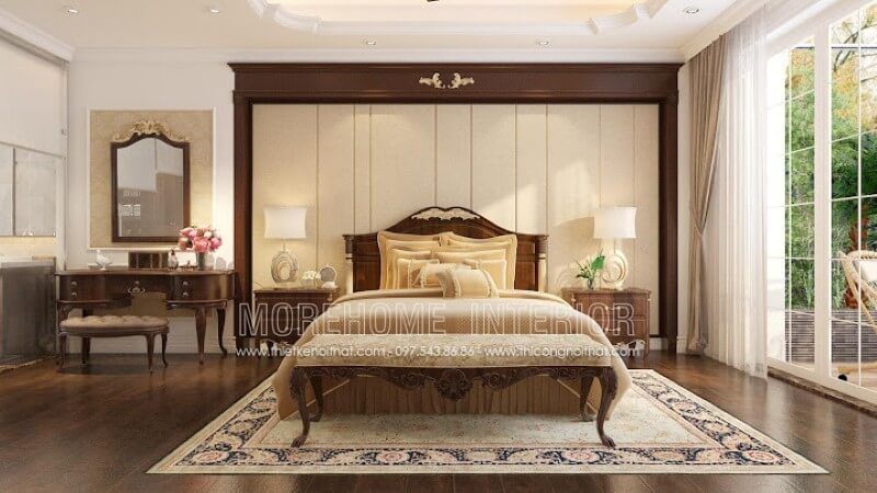 Mẫu thiết kế giường gỗ óc chó có phong cách tân cổ điển đẹp tinh tế để trang trí phòng ngủ biệt thự.